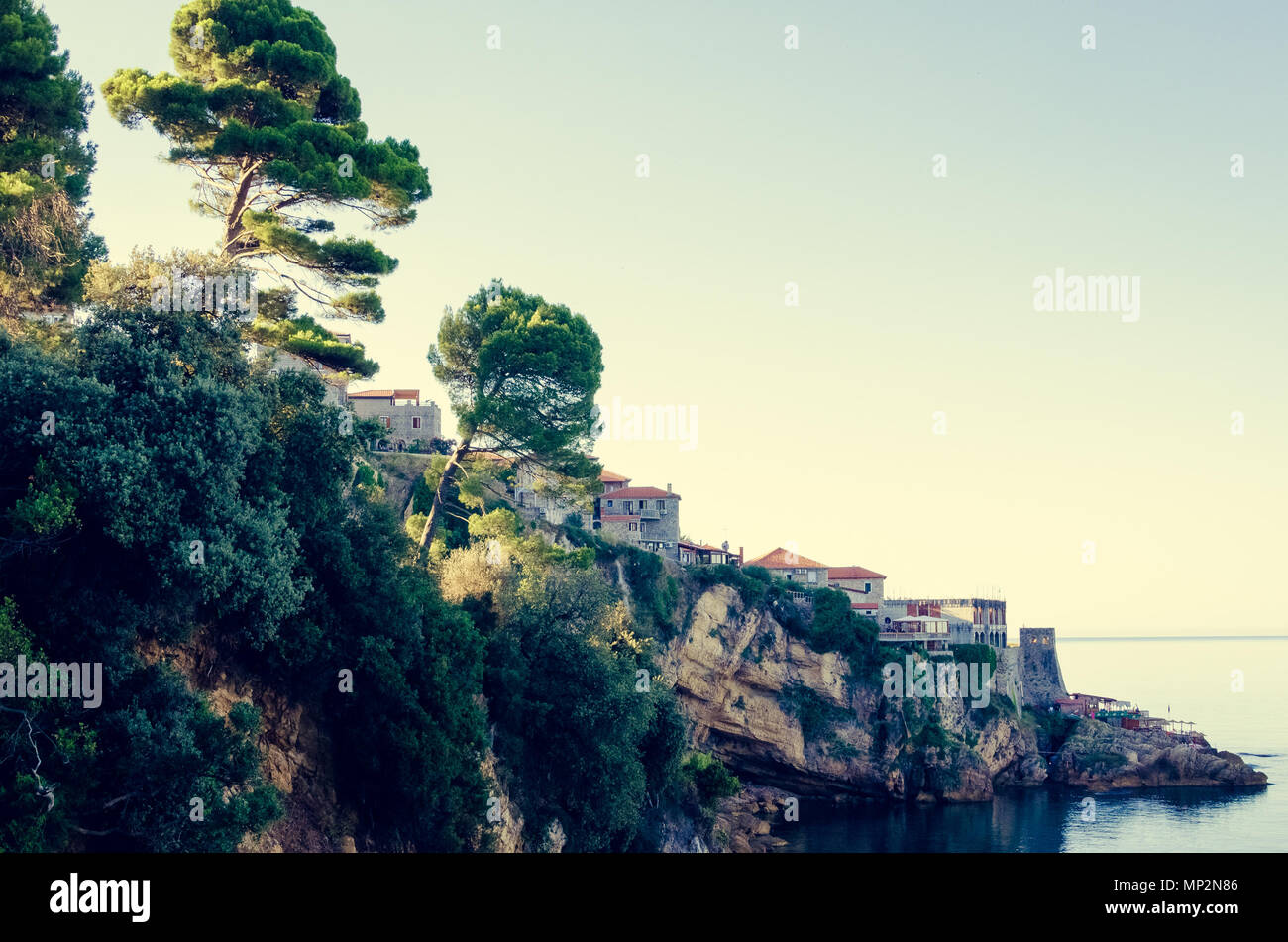 Stari Grad - old town of Ulcinj, Montenegro. Green coast of Adriatic sea. Stock Photo