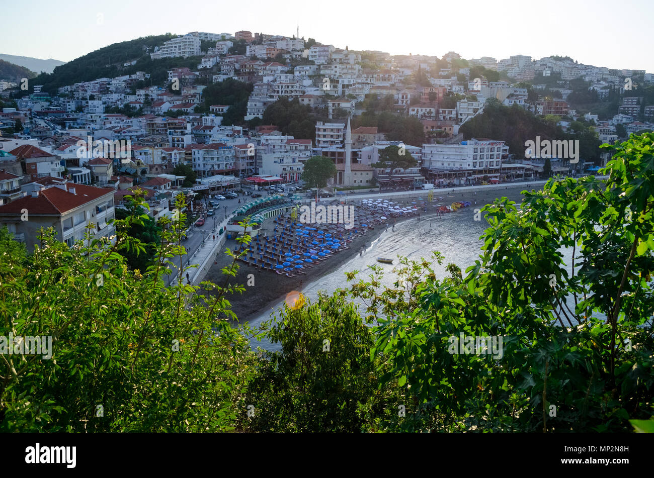 View of city center of Ulcinj, Montenegro. Small beach - Mala Plaza in the morting time. Stock Photo