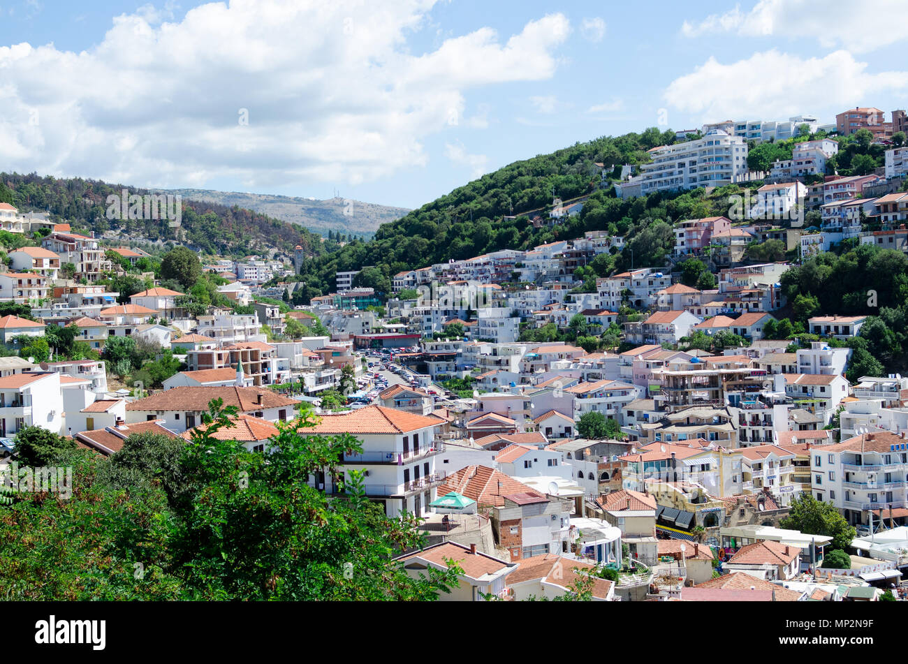 ULCINJ, MONTENEGRO - JULY 27, 2017: View of city center of Ulcinj Montenegro Stock Photo