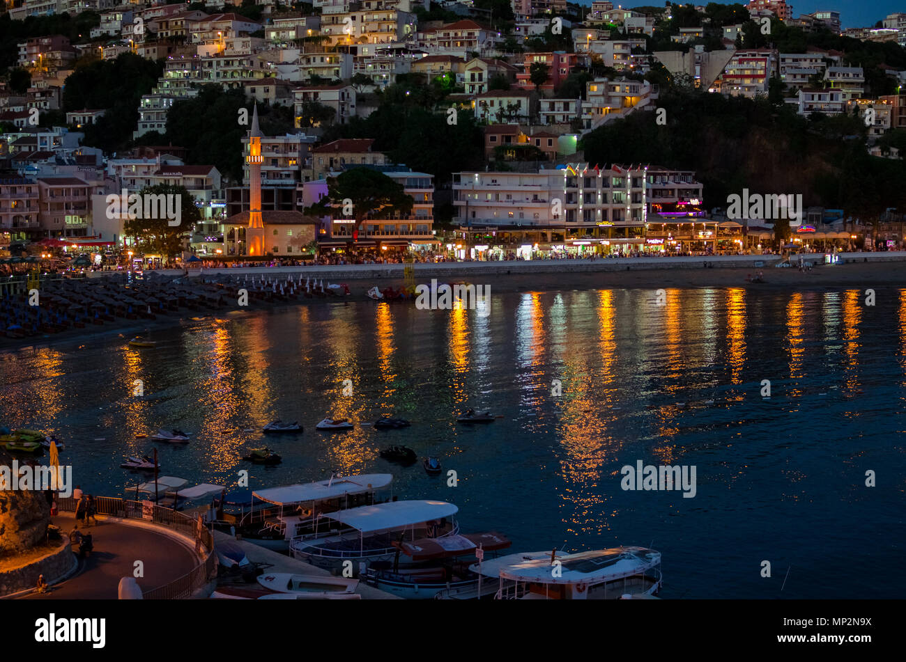 ULCINJ, MONTENEGRO - JULY 28, 2017: Night view of Ulcinj