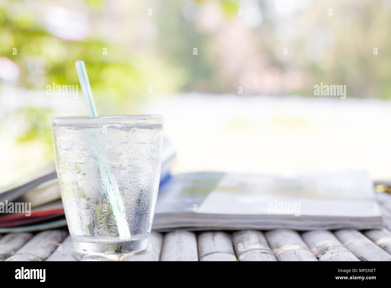 cold water glass on wood table Stock Photo Alamy