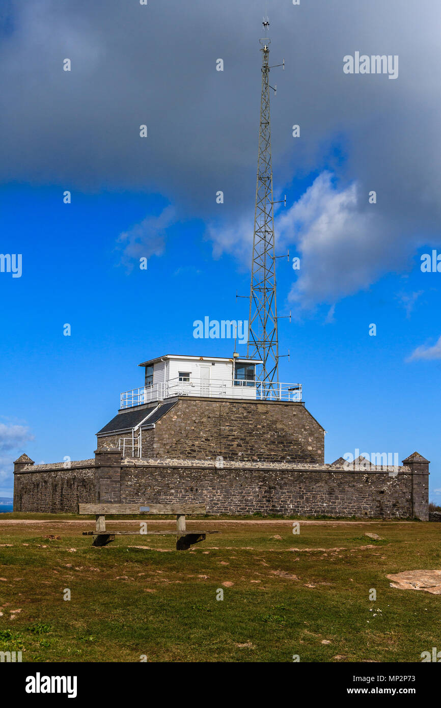 Radio mast on the coast at Berry Head, Brixham, Devon, UK. March 2018. Stock Photo