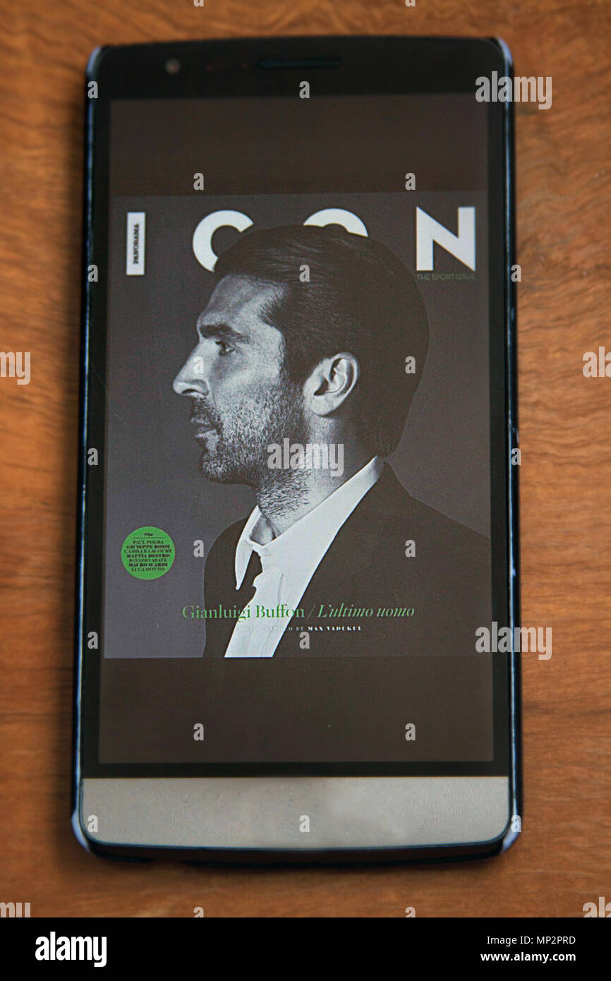 Goalkeeper Gianluigi Buffon on Cover of Icon magazine on Smartphone. Stock Photo