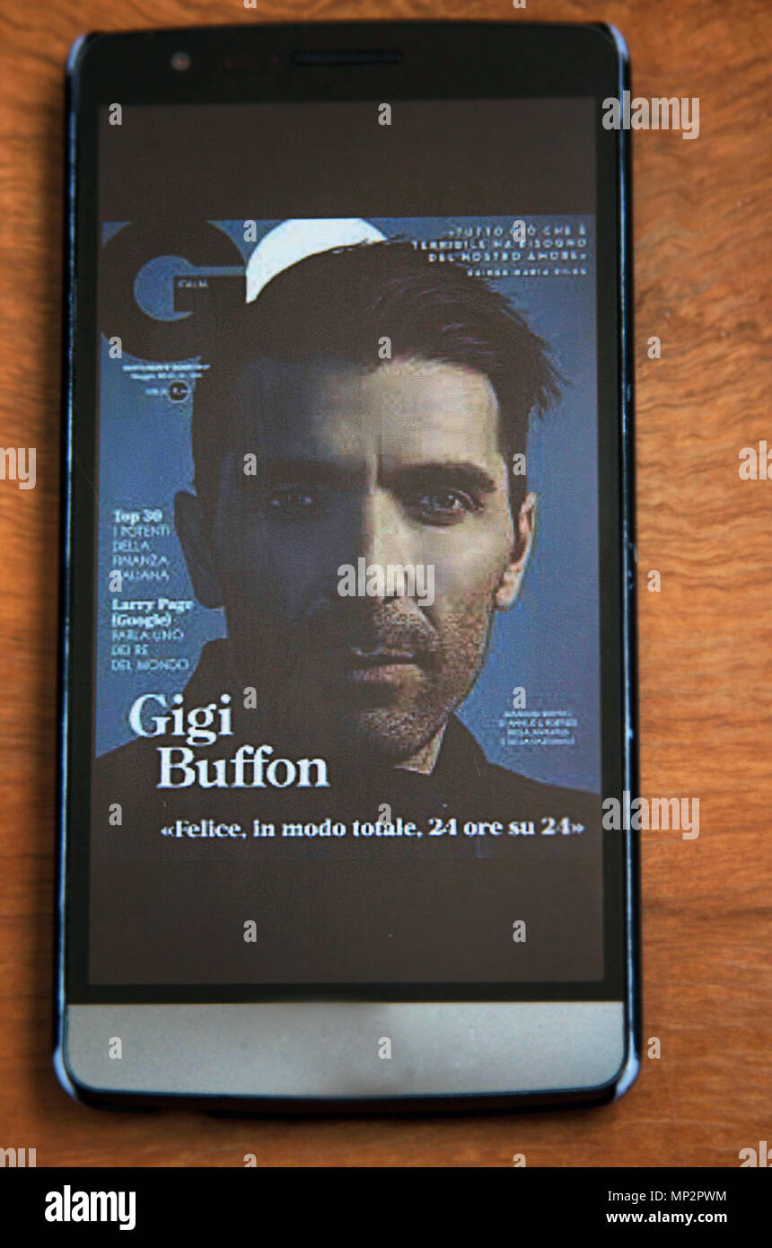 Goalkeeper Gianluigi Buffon on Cover of GQ magazine on Smartphone. Stock Photo