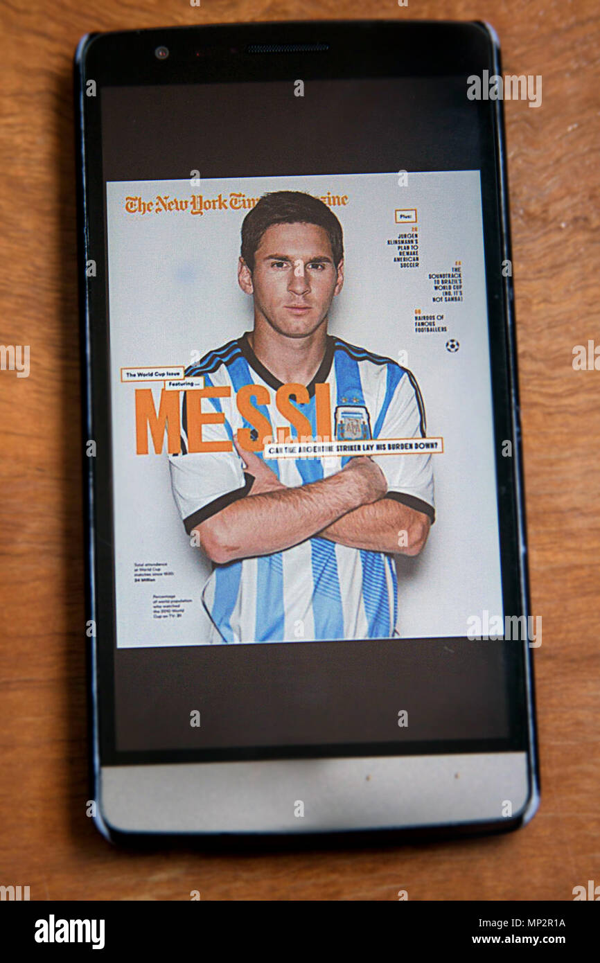 Lionel Messi on cover of The New York Times Magazine on Smartphone Stock Photo
