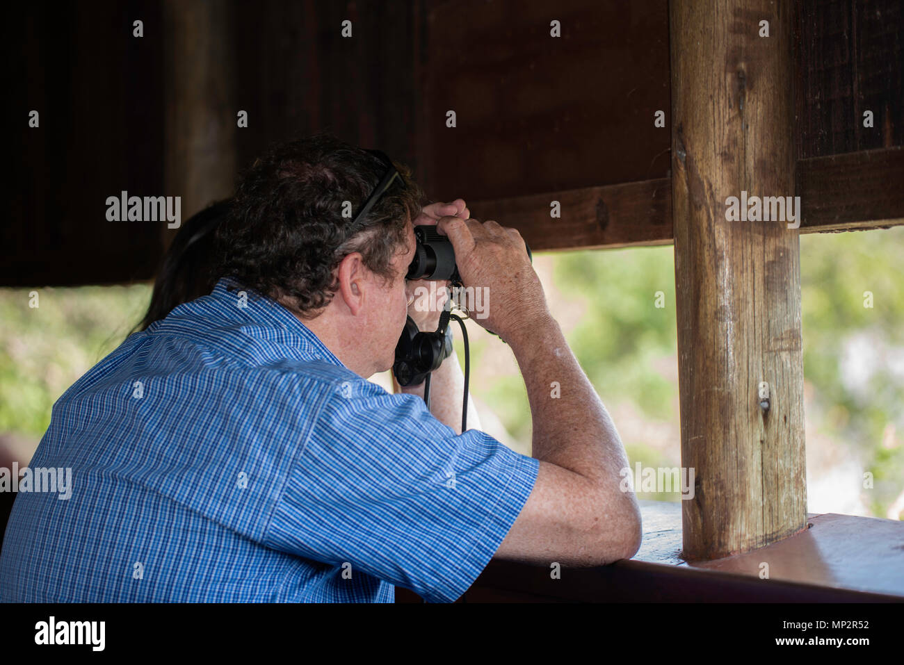 A man looking through binoculars birdwatching at a hide Stock Photo