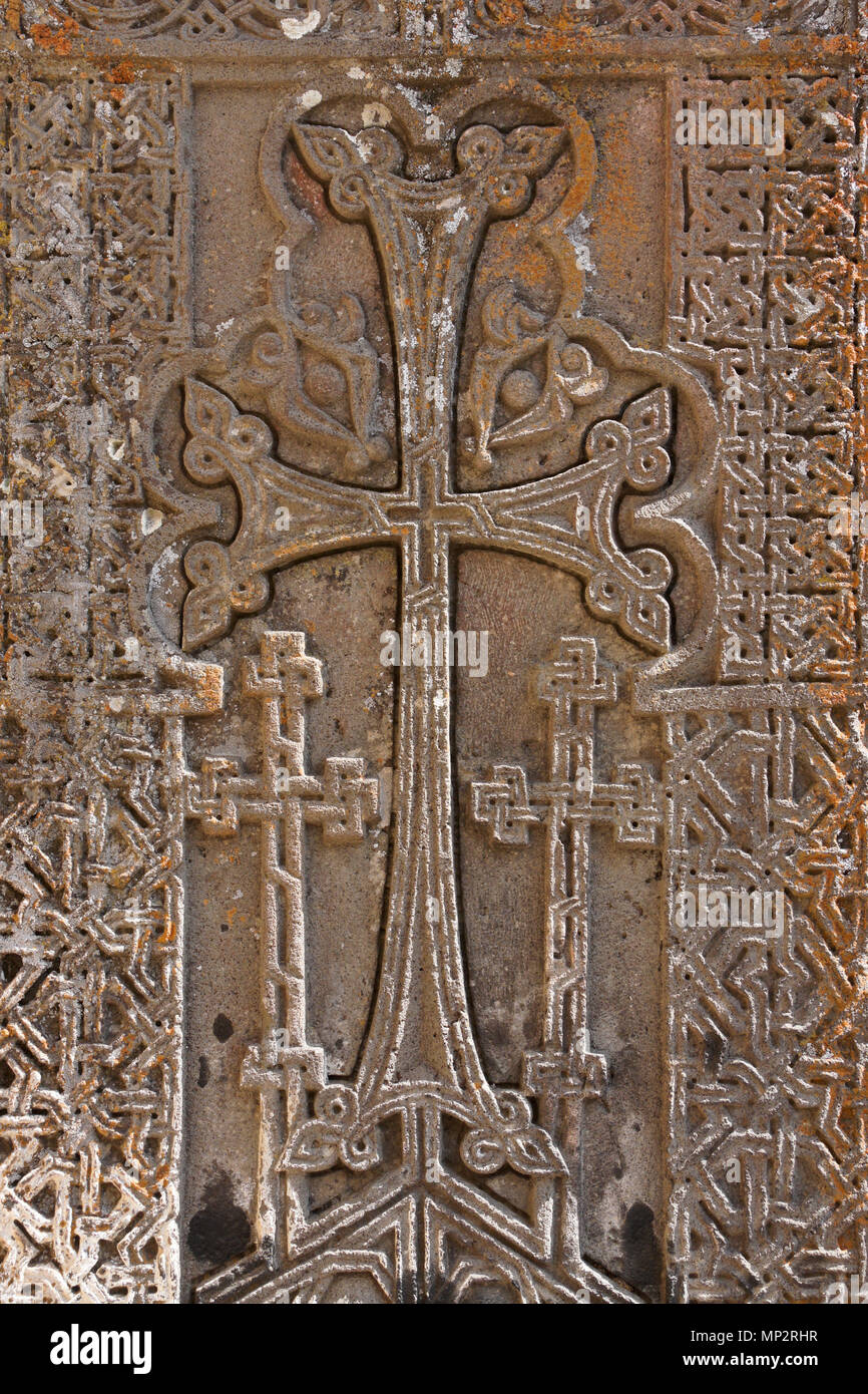 Intricately carved stone khatchkar at Geghard Monastery (Monastery of the Spear), Garni, Armenia Stock Photo