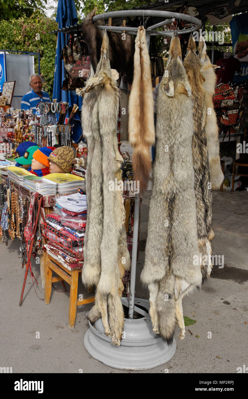 The pelts of wolves, foxes, and other wildlfe are among items on display in a souvenir shop at the entrance to Garni Temple, Garni, Armenia Stock Photo