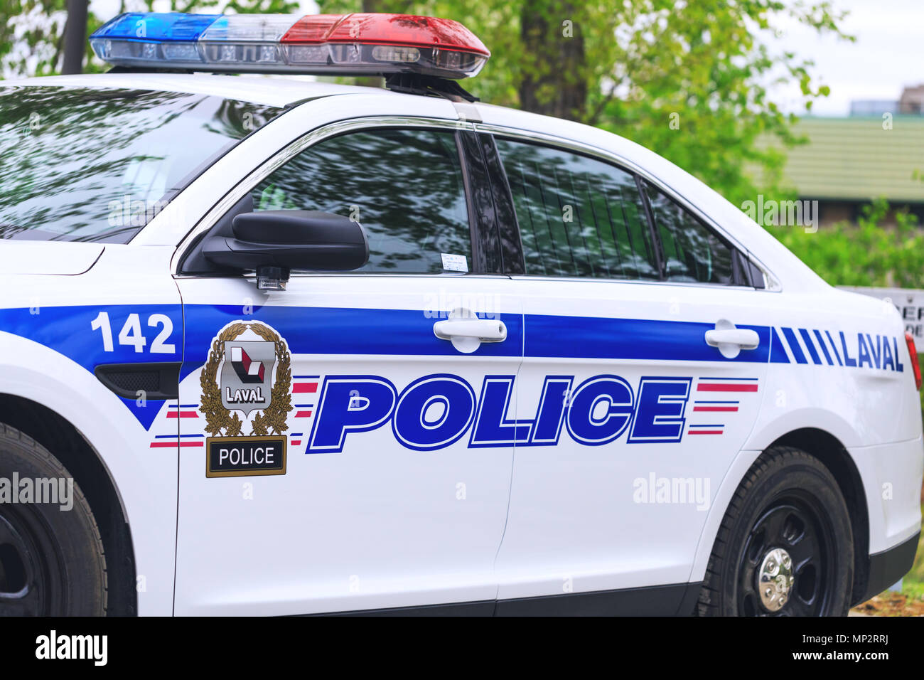 Laval, Canada: May 19, 2018. Beautiful car of Canadian police before leaving to mission, in municipality police department. Inscriptions on the car. Stock Photo