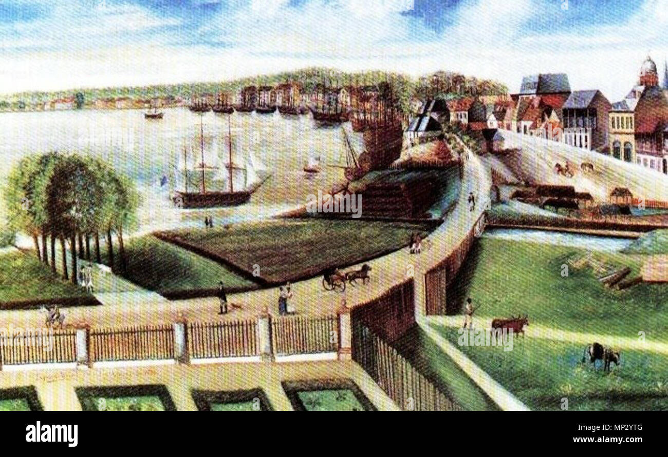 . New Orleans in 1803. Lower portion of painting 'Under My Wings Every Thing Prospers' by New Orleans artist J. L. Bouqueto de Woiseri, to celebrate his pleasure with the Louisiana Purchase and his expectation that economic prosperity would result under U.S. administration. View of the city's looking upriver from the riverfront of the Marigny plantation (not yet subdivided for urban development); vantage point is probably about the river end of Marigny Street is now or slightly down river. Seen are the Marigny sawmill canal (along what is now Elysian Fields Avenue), various sailing ships in th Stock Photo