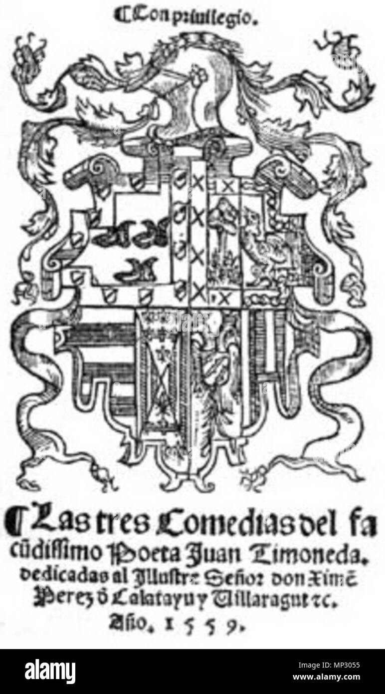 . Español: Portada de Las Tres Comedias de Joan de Timoneda . 1559. Joan de Timoneda 1014 Portada 3 comedias Stock Photo