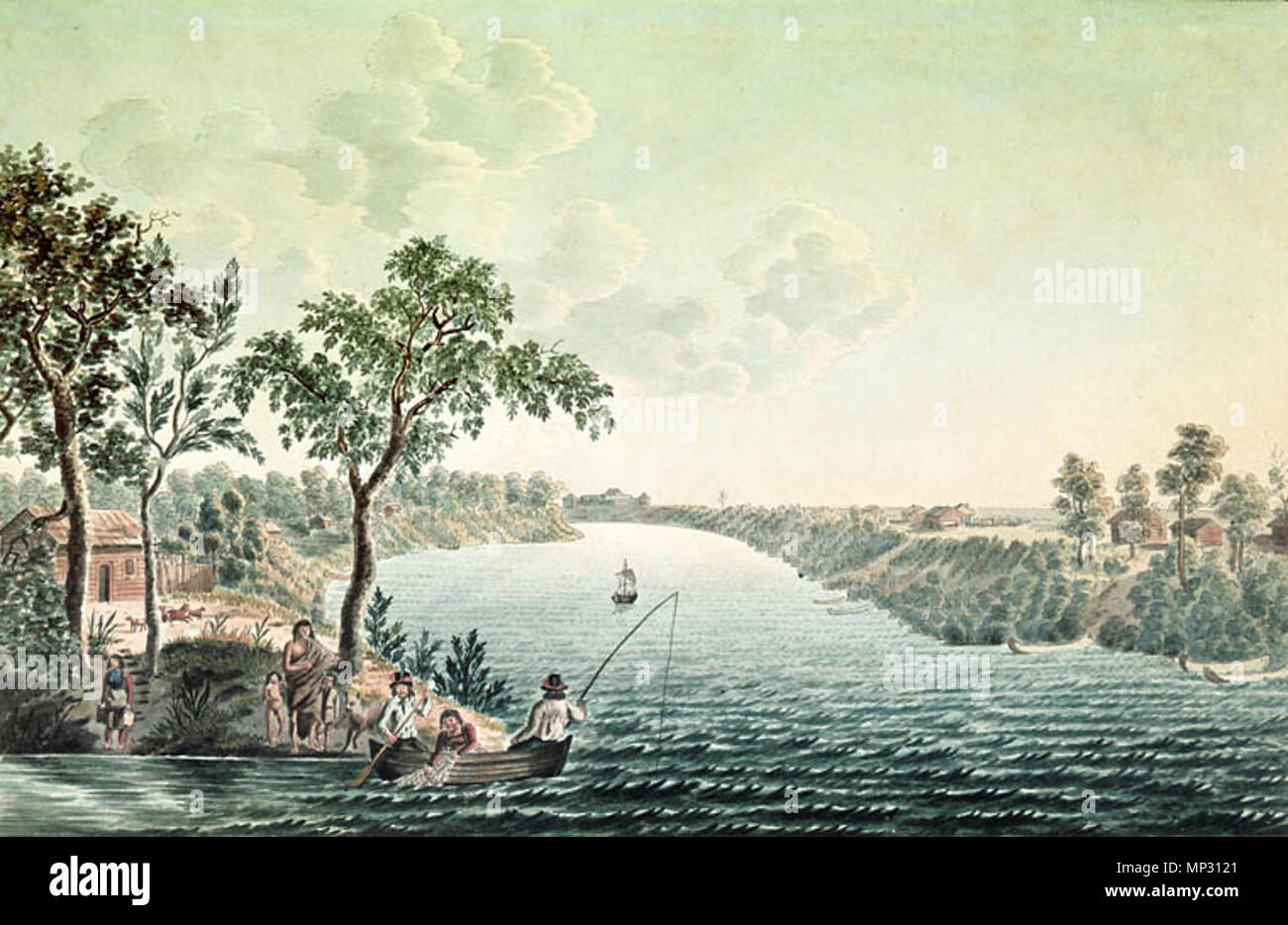 . English: Summer View in the environs of the Company Fort Douglas on the Red River. Drawn from nature in July, 1822. Français : Scène estivale aux environs du fort Douglas de la Compagnie, sur la rivière Rouge. Dessiné d'après nature en juillet 1822 . 1822. Rindisbacher, Peter, 1806-1834. 1045 Red River summer view 1822 Stock Photo