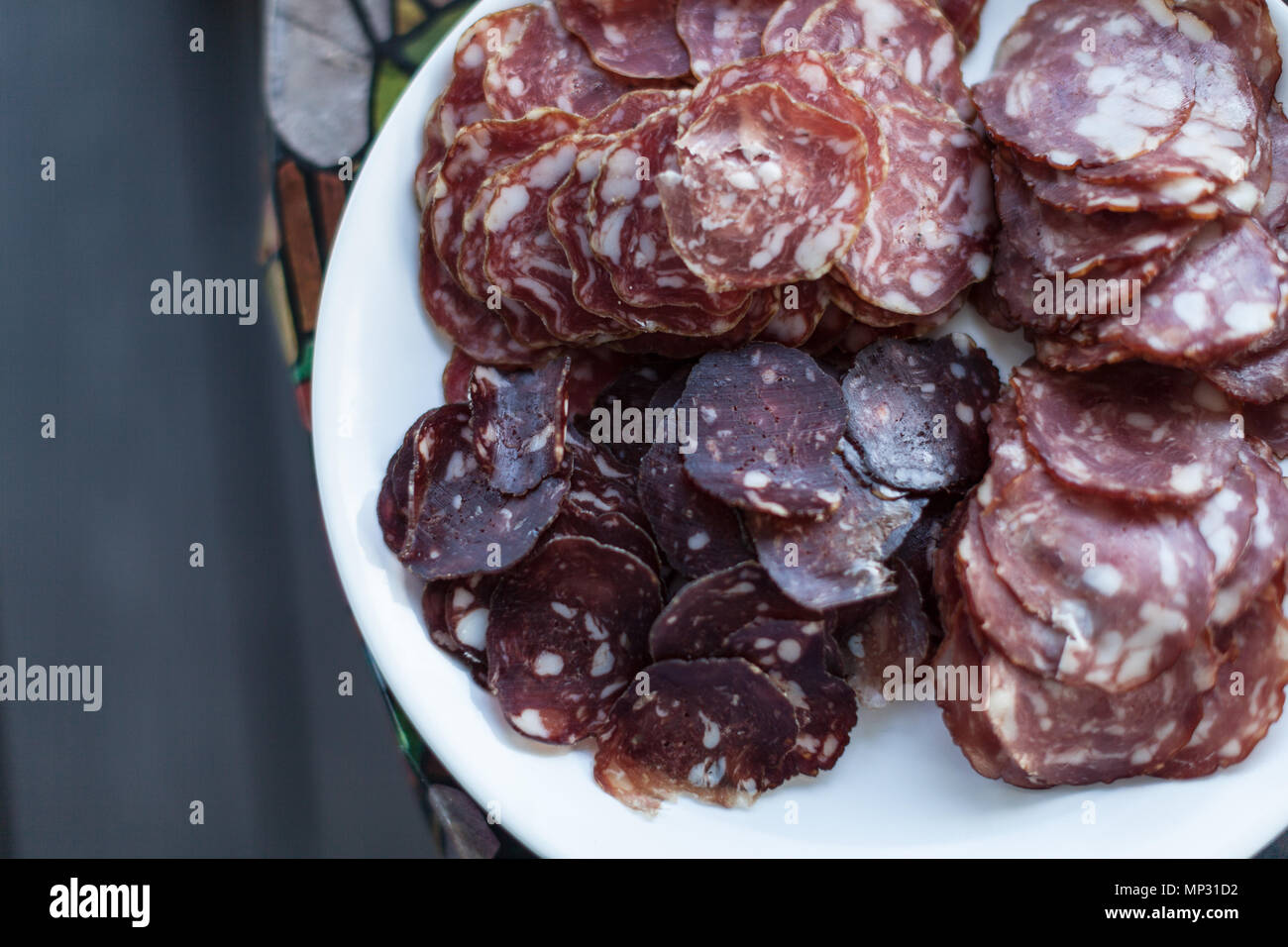 Food tray with delicious salami Meat platter with selection Cutting
