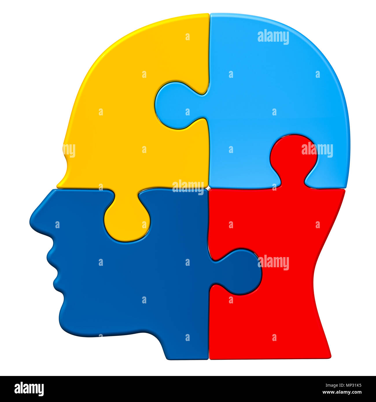 Autism concept, human head from puzzles. 3D rendering isolated on white background Stock Photo