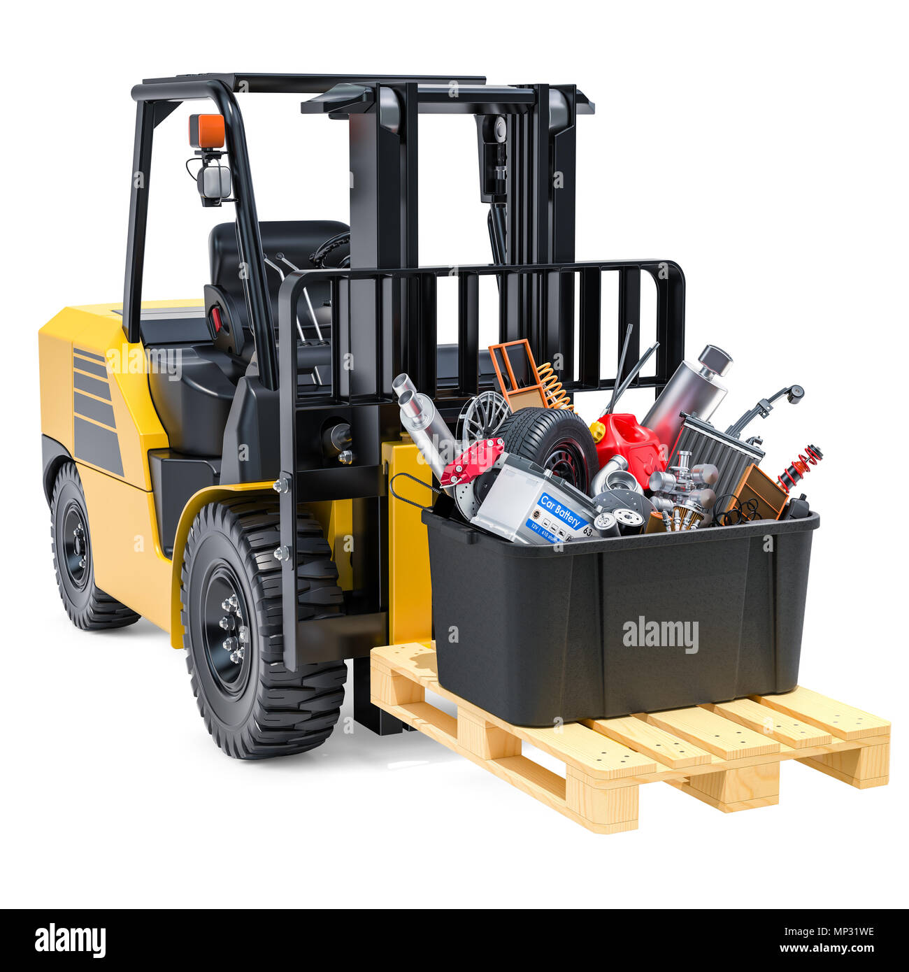 Forklift truck with box full of car parts, 3D rendering isolated on white background Stock Photo