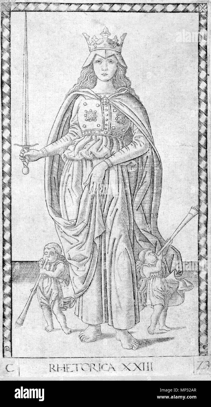 . English: Card no. 23 from the E-series of the so-called Mantegna Tarocchi (or Mantegna tarot, Tarocchi del Mantegna etc.), entitled Rhetorica (rhetoric), showing a personification of eloquence. Copperplate engraving, 18.2 × 10.2 cm (7.1 × 4 in). Deutsch: Karte Nr. 23 aus der E-Serie der so genannten Mantegna Tarocchi (auch Mantegna-Tarot, Tarocchi del Mantegna etc.), betitelt Rhetorica (Rhetorik), mit einer Personifikation der Redekunst. Kupferstich, 18.2 × 10.2 cm (7.1 × 4 in). circa 1465. English: Unknown engraver of the late 15th century, probably in Ferrara, Italy. Deutsch: Unbekannter K Stock Photo