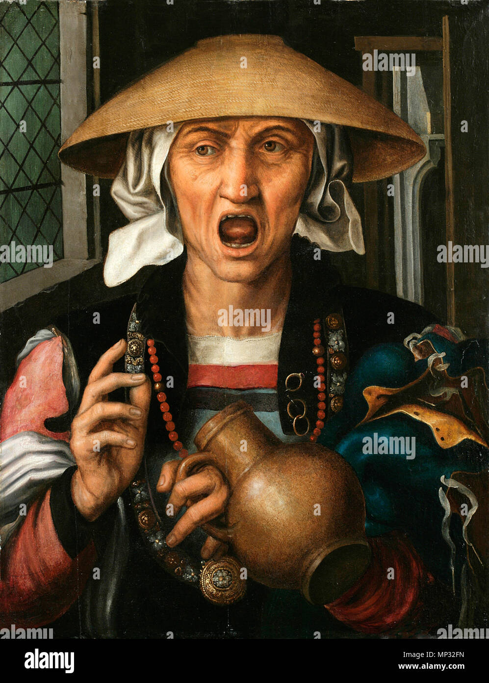 English: Woman Enraged .  In Woman enraged we are confronted by a bizarrely attired, screaming female. Although clearly an unusual character, the woman cannot be identified with any known literary or historical figure. The painting appears to be an allegory with moralistic overtones related to two of the deadly sins. Although it bears no inscription, Woman enraged also conveys a message through the use of symbols. The woman’s expression clearly indicates anger. Through the door behind her, we catch a glimpse of a fireplace, which may well be an allusion to anger, for fire is the element tradit Stock Photo