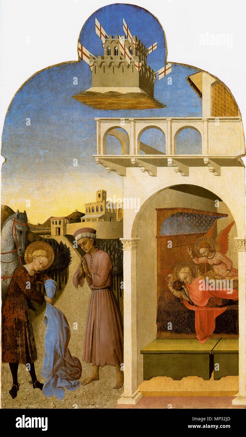 Saint Francis meets a Knight Poorer than Himself and Saint Francis's Vision of the Founding of the Franciscan Order . from the San Sepolcro Altarpiece . 1437.   1096 1. Saint Francis and the Poor Knight, and Francis's Vision. 1437-44 London NG Stock Photo
