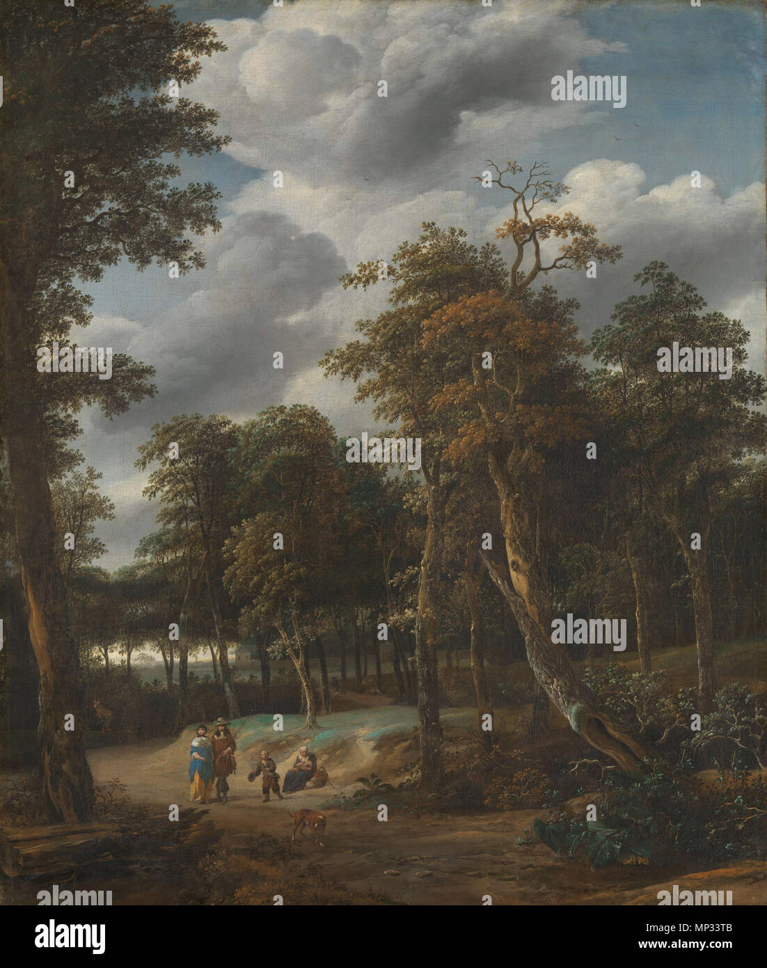 Opnamedatum: 2010-03-25   Forest Road. Wooded landscape with several figures walking along a road. A boy addresses an elegant couple. Between 1650 and 1674.   818 Forest Road by Jan Looten with figures attributed to Johannes Lingelbach Rijksmuseum Amsterdam SK-A-48 Stock Photo