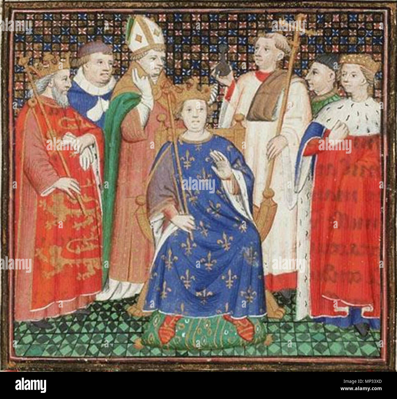.  English: Vincent of Beauvais, Le Miroir Historial (Vol. IV). The coronation of Philip II Augustus in the presence of Henry II of England Place of origin, date: Paris, Master of the Cité des Dames (illuminator); c. 1400-1410 Material: Vellum, ff. 401, 425x320 (254x196) mm, 43 lines, littera cursiva, Binding: 18th-century brown leather; gilt; with coat of arms of Stadholder William V Decoration: 1 two-column miniature (185x200 mm); 19 column miniatures (110/70x90/85 mm); decorated initials with border decoration (ff. 3r, 10r, 15r, 19r, 20r, etc.) Added: 1 illustration in the margin (coat of a Stock Photo