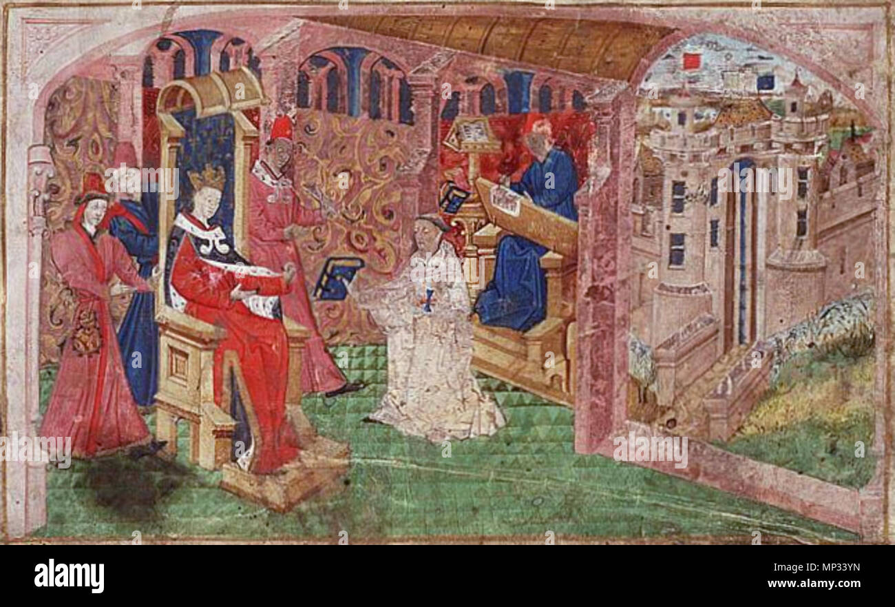 . English: Simon de Hesdin presents his translation of Valerius Maximus' 'Facta et dicta memorabilia' to Charles V, king of France Contents: Valerius Maximus, Des faits et dits mémorables (Books I-VII). Translation from the Latin by Simon de Hesdin Place of origin, date: France; 1462 Material: Vellum, ff. 314, 368x274 (287x205) mm, 41 lines, littera cursiva, Binding: 18th-century brown leather; gilt on spine Decoration: 8 two-column miniatures (105x139 mm); 1 column miniature (126x85 mm); decorated initials with border decoration (ff. 1r, 77r, 154r, 188v, 197v, etc.) Provenance: Philippe de Ru Stock Photo