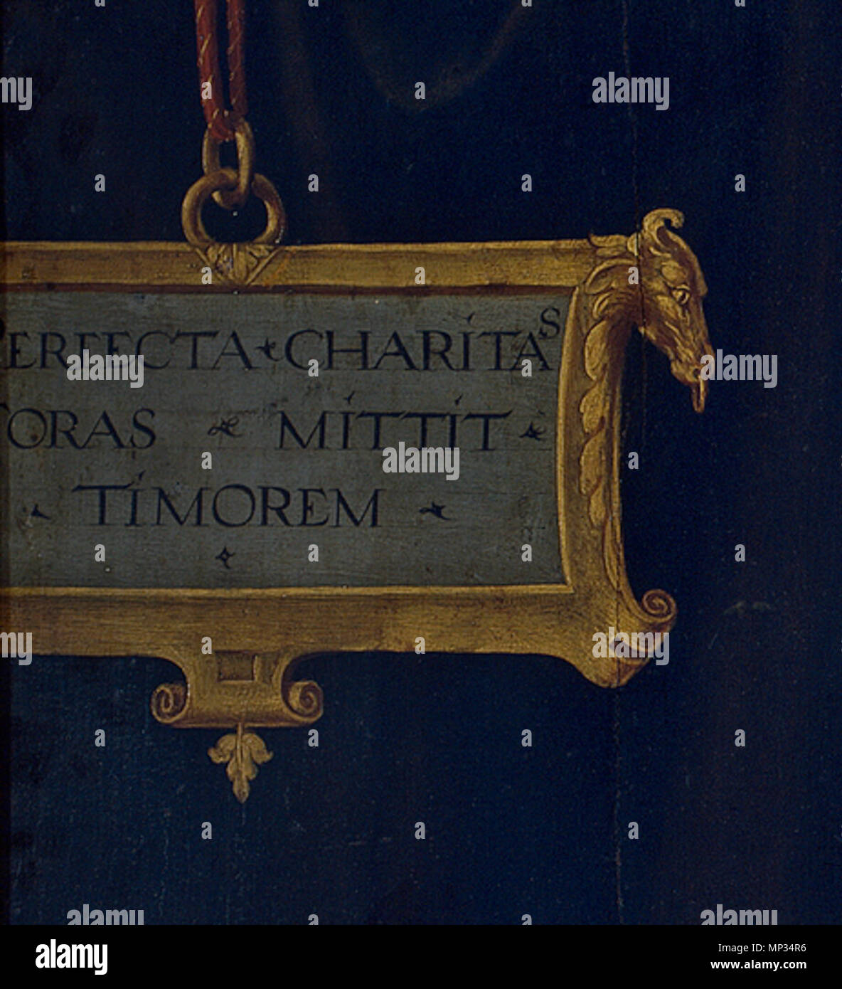 Charity . detail cartellino: [P]ERFECTA CHARITAS ORAS MITTIT TIMOREM . from 1550 until 1560.   1110 Vincent Sellaer - Caritas (cartellino) Stock Photo