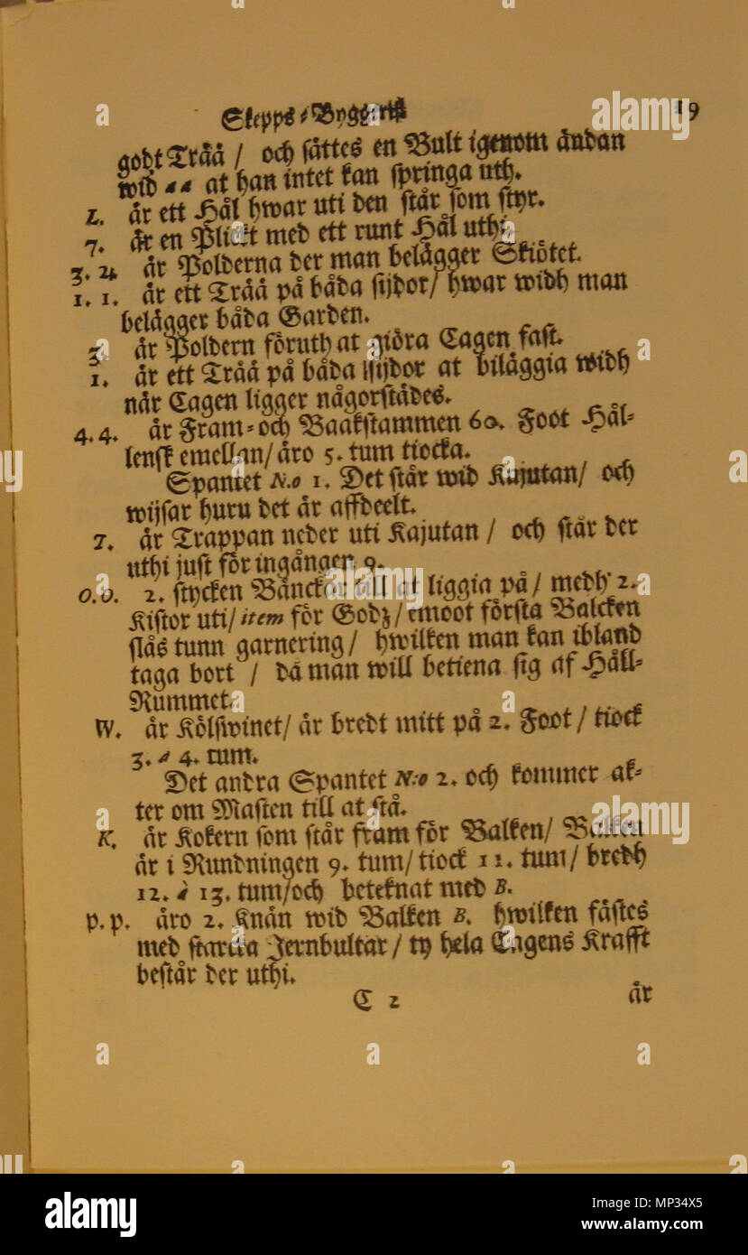 . English: Page from Skeps Byggerij Eller Adelig Öfnings Tionde Tom ('Shipbuilding or the tenth volume of Adelig Öfning'), a treatise on shipbuilding as part of the multiple-volume work Adelig Öfning ('Noble practice[s]'), written in the late 17th century by the Swedish author Åke Rålamb. Main text; 27th page. Svenska: Sida från Skeps Byggerij Eller Adelig Öfnings Tionde Tom, en redogörelse för skeppsbygge som en del Adelig Öfning, ett encyklopedisk verk i flera volymer som beskriver färdigheter och andra sysslor som ansågs relevant för adelsmän att kunna. Skriven senare delen av 1600-talet av Stock Photo