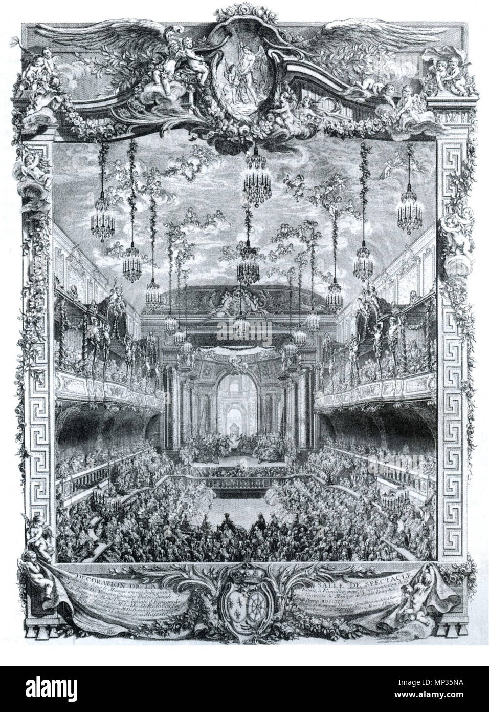. English: A performance of Rameau's La princesse de Navarre on 23 February 1745 in the theatre of the Grande Écurie, Versailles, as part of the celebrations of the marriage of the dauphin Louis to Maria Teresa of Spain. circa 1745. Charles-Nicolas Cochin (1715–1790), engraver 973 Performance 1745 of La princesse de Navarre by Rameau - NGO3p859 Stock Photo