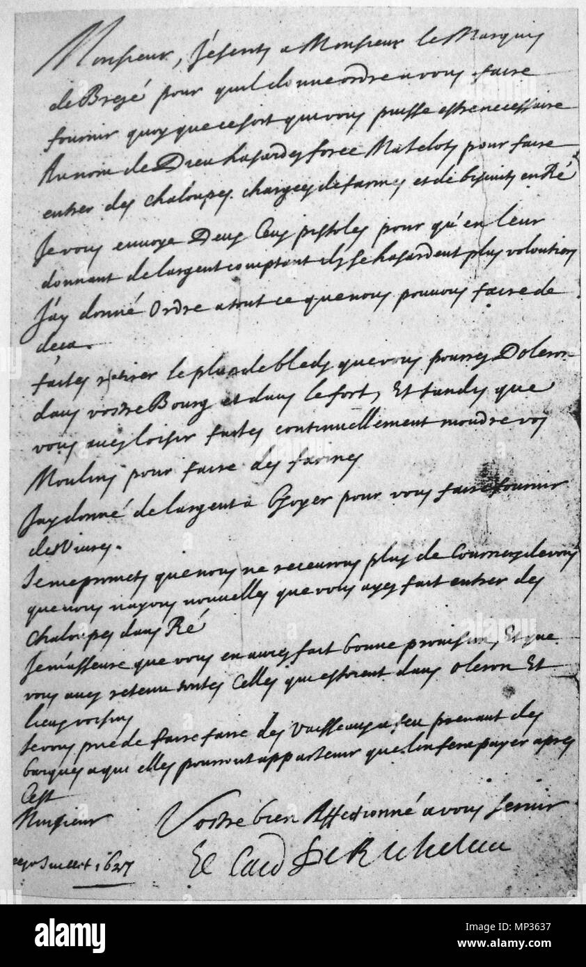 Letter of Richelieu to Claude de Razilly asking him to do everyhting in his  power to relieve Re Island July 1627. 1627. Richelieu 807 Letter of  Richelieu to Claude de Razilly