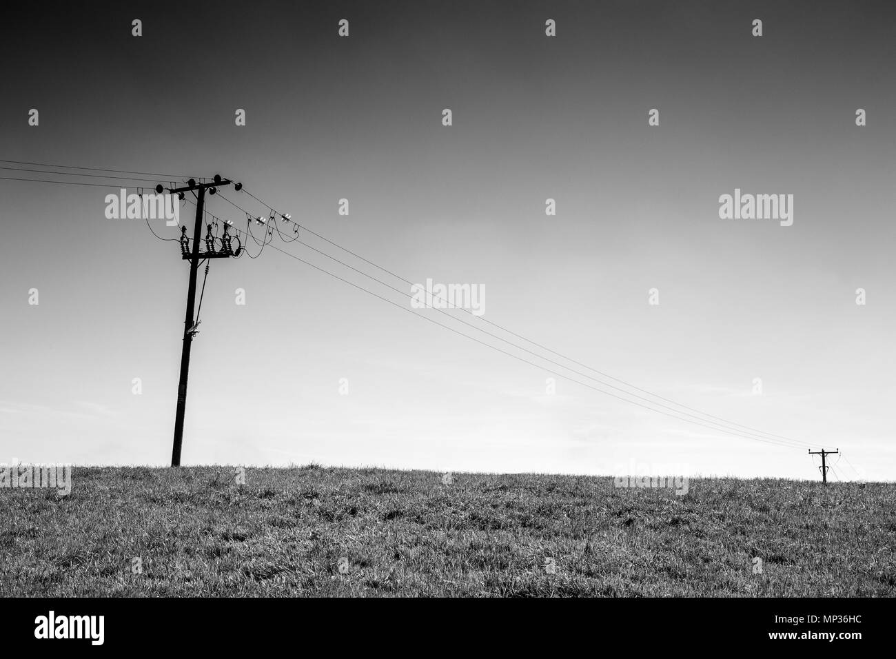Power lines in farmland Cheshire UK Stock Photo