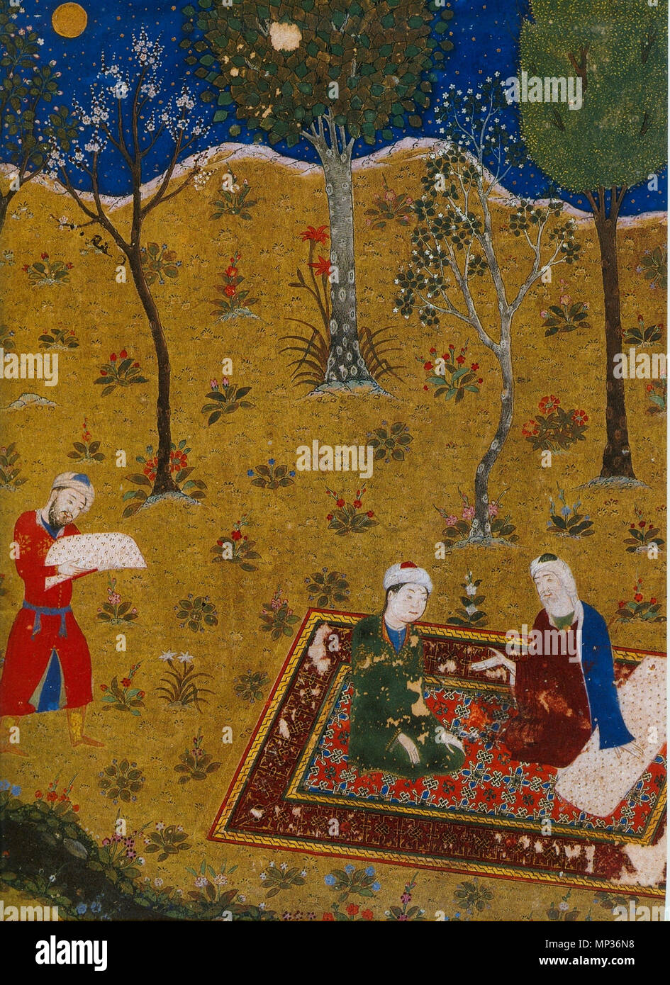 . English: The poet Sa'di converses by night with a young friend in a garden. Miniature from Gulistan Sa'di. Herat, 1427. Chester Beatty Library, Dublin. f.3r . 1427. Anonymous 1179 The poet Sa'di converses by night with a young friend in a garden. Miniature from Gulistan Sa'di. Herat, 1427. Chester Beatty Library, Dublin. f.3r Stock Photo