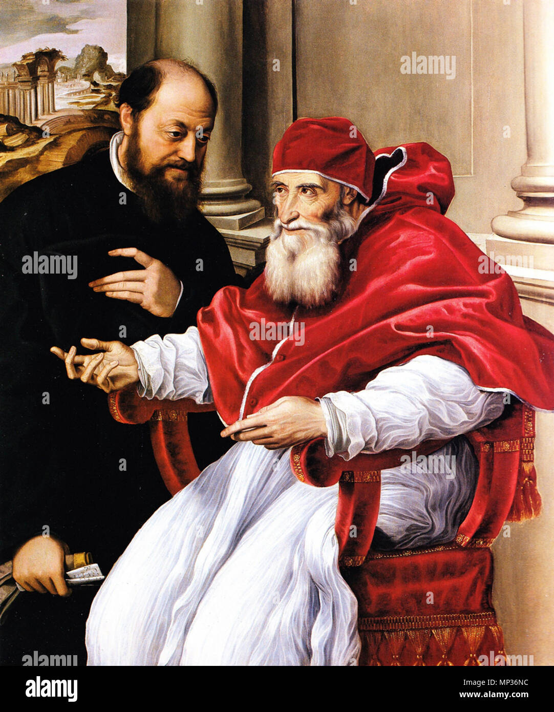 . Italiano: Jacopino del Conte - Ritratto di Paolo III con un consigliere - c. 1537 Materiali olio su tavola Misure 120 x 102 cm Collocazione Basilica di Santa Francesca Romana, Roma . 24 July 2010, 15:58:28.   Jacopino del Conte  (1513–1598)    Alternative names Jacopino del Conte  Description Italian painter and drawer  Date of birth/death 1513 9 January 1598  Location of birth/death Florence Rome  Work location Rome  Authority control  : Q2538308 VIAF: 34728844 ISNI: 0000 0001 1757 6987 ULAN: 500030788 LCCN: no2011046942 WGA: CONTE, Jacopino del WorldCat 685 Jacopino del Conte - Papa Paolo  Stock Photo