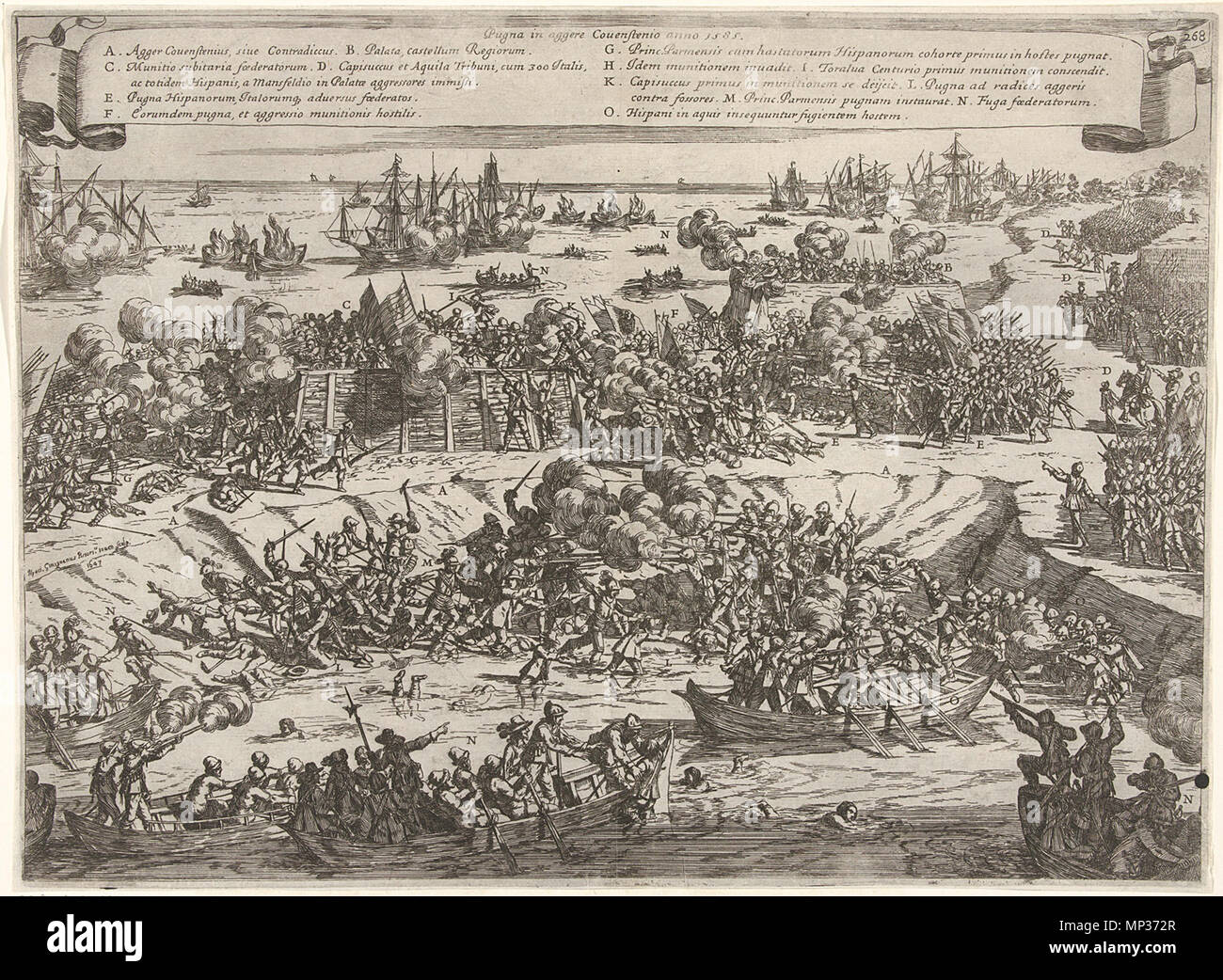 English: Battle on the Kauwensteinse dike, 26 mai 1585, attack from the  Statenarmy and ships from Sealand on the dike Nederlands: Slag op de  Kauwensteinse dijk, 26 mei 1585. Aanval van