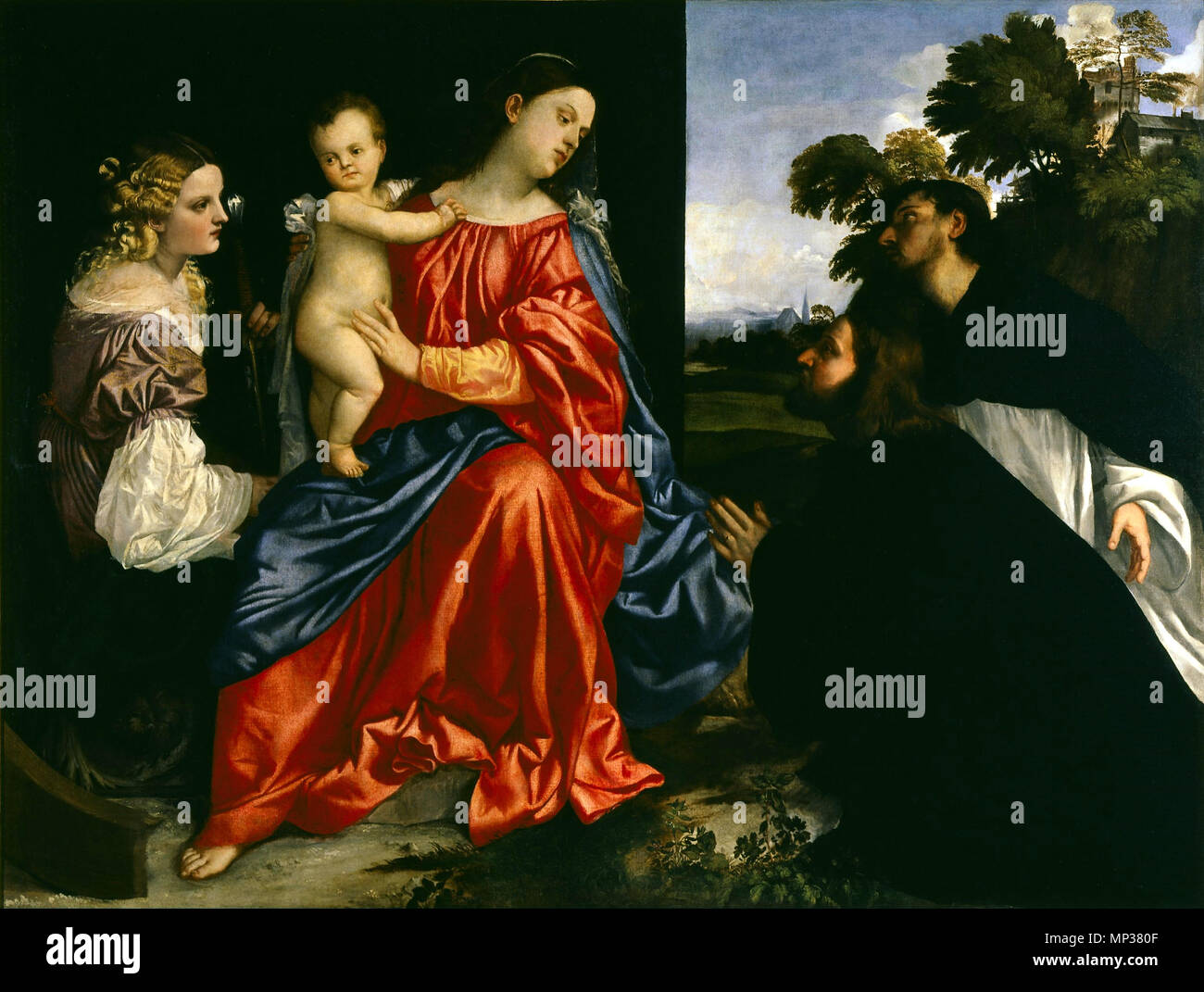 Madonna and Child with Sts Catherine and Dominic and a Donor between ...