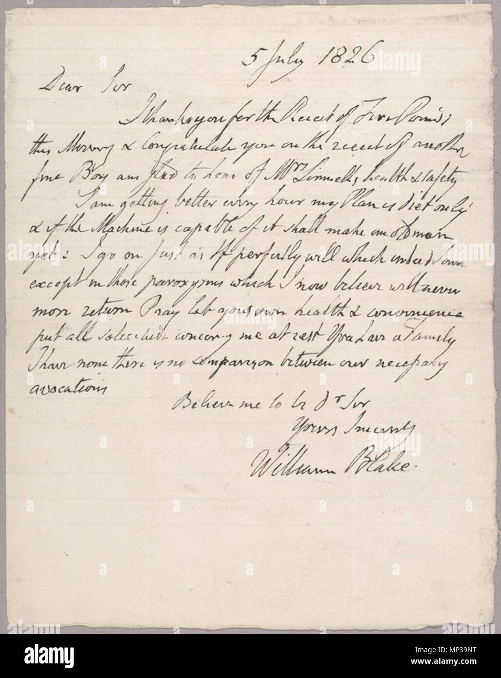 . English: Letter to John Linnell, 5 July 1826, object 2 . 17 November 2010, 07:04:34.   William Blake  (1757–1827)       Alternative names W. Blake; Uil'iam Bleik  Description British painter, poet, writer, theologian, collector and engraver  Date of birth/death 28 November 1757 12 August 1827  Location of birth/death Broadwick Street Charing Cross  Work location London  Authority control  : Q41513 VIAF: 54144439 ISNI: 0000 0001 2096 135X ULAN: 500012489 LCCN: n78095331 NLA: 35019221 WorldCat      The William Blake Archive      Location Digital Collection hosted on servers at UNC Chapel Hill  Stock Photo
