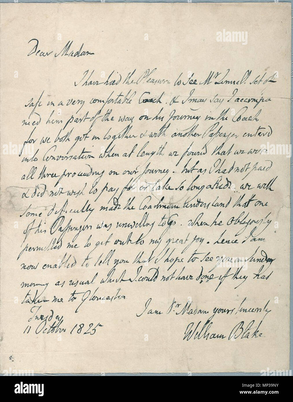 . English: Letter to Mary Ann Linnell, wife of John Linnell, 11 October 1825, object 2 . 17 November 2010, 07:30:21.   William Blake  (1757–1827)       Alternative names W. Blake; Uil'iam Bleik  Description British painter, poet, writer, theologian, collector and engraver  Date of birth/death 28 November 1757 12 August 1827  Location of birth/death Broadwick Street Charing Cross  Work location London  Authority control  : Q41513 VIAF: 54144439 ISNI: 0000 0001 2096 135X ULAN: 500012489 LCCN: n78095331 NLA: 35019221 WorldCat      The William Blake Archive      Location Digital Collection hosted  Stock Photo