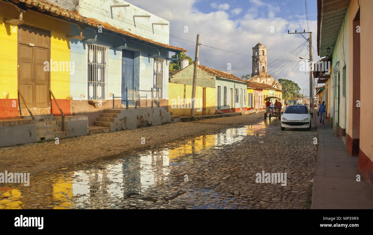 Colored facades of colonial buildings on the streets of Latin American Trinidad. Stock Photo
