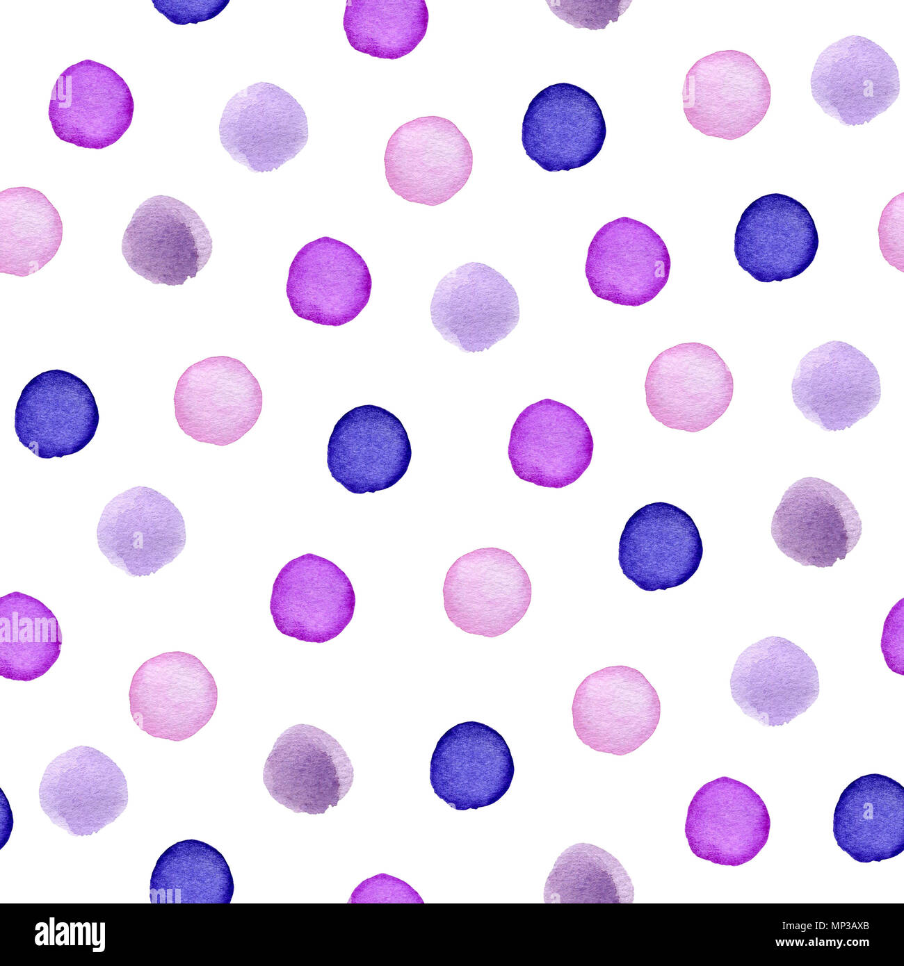 Decorative hand drawn watercolor seamless pattern with polka dots. Violet round blots on a white background Stock Photo