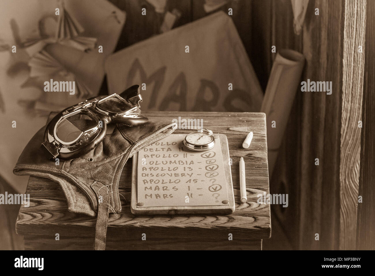 Retro kites with checklist, marker and space missions names Stock Photo