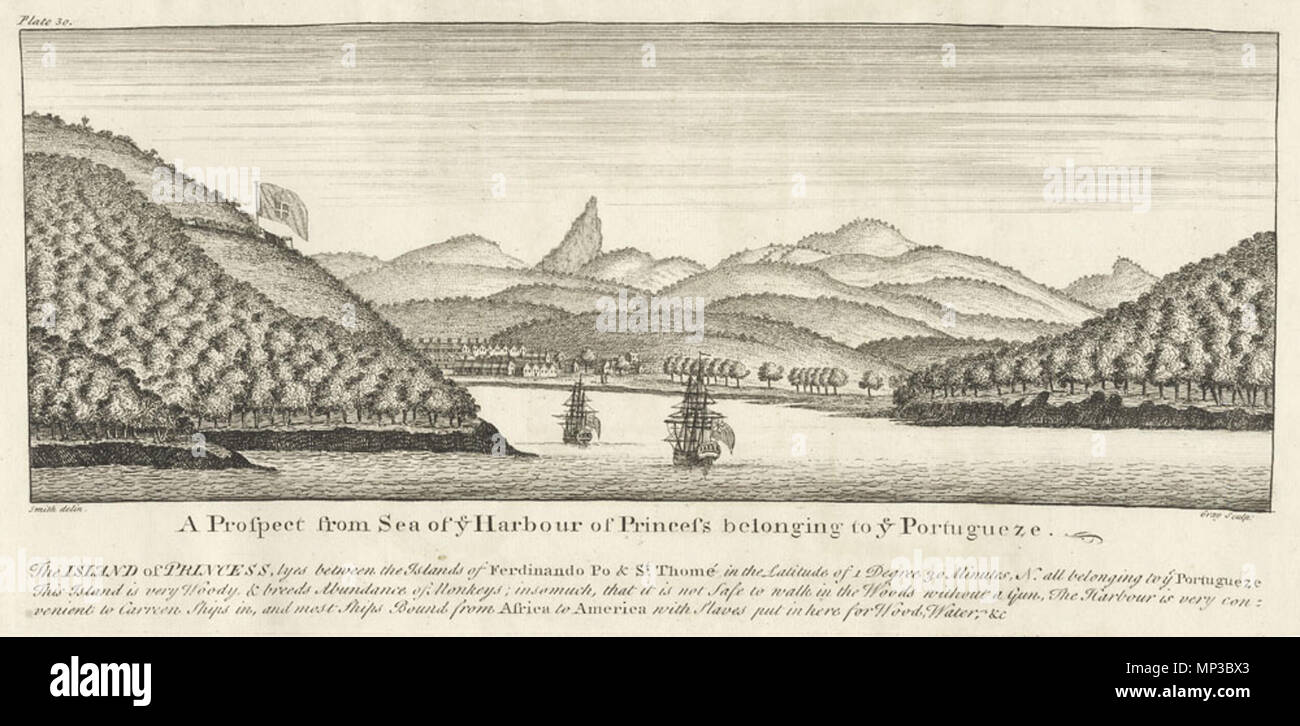 . Island of Principe (Sao Tome and Principe), 1727. The inscription says: 'The ISLAND of PRINCESS lies between the Islands of FERNANDO PO & St. THOMÉ in the Latitude of 1 Degree 30 Minutes N. all belonging to the Portuguese. This Island is very Woody and breeds abundance of Monkeys, insomuch that it is not safe to walk in the Woods without a gun. The harbour is very convenient to Careen Ships in, and most Ships Bound from Africa to America with Slaves put in here for Food, Water etc.' . 1727. unknown author 1029 Principe Stock Photo