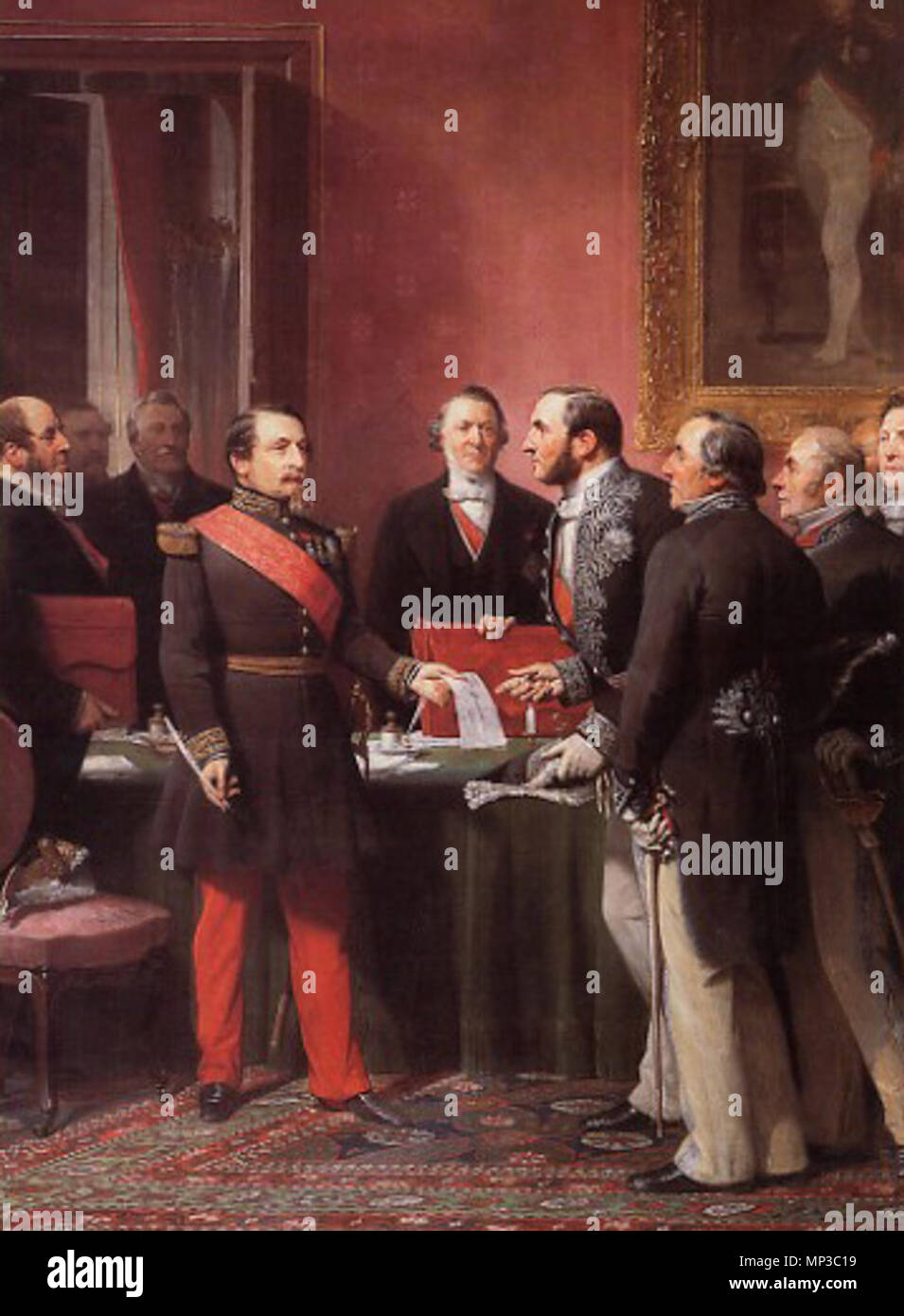 French: Napoléon III remet au baron Haussmann le décret d'annexion à Paris des communes suburbaines   1860.   918 NapoleonIIIHaussmann Stock Photo