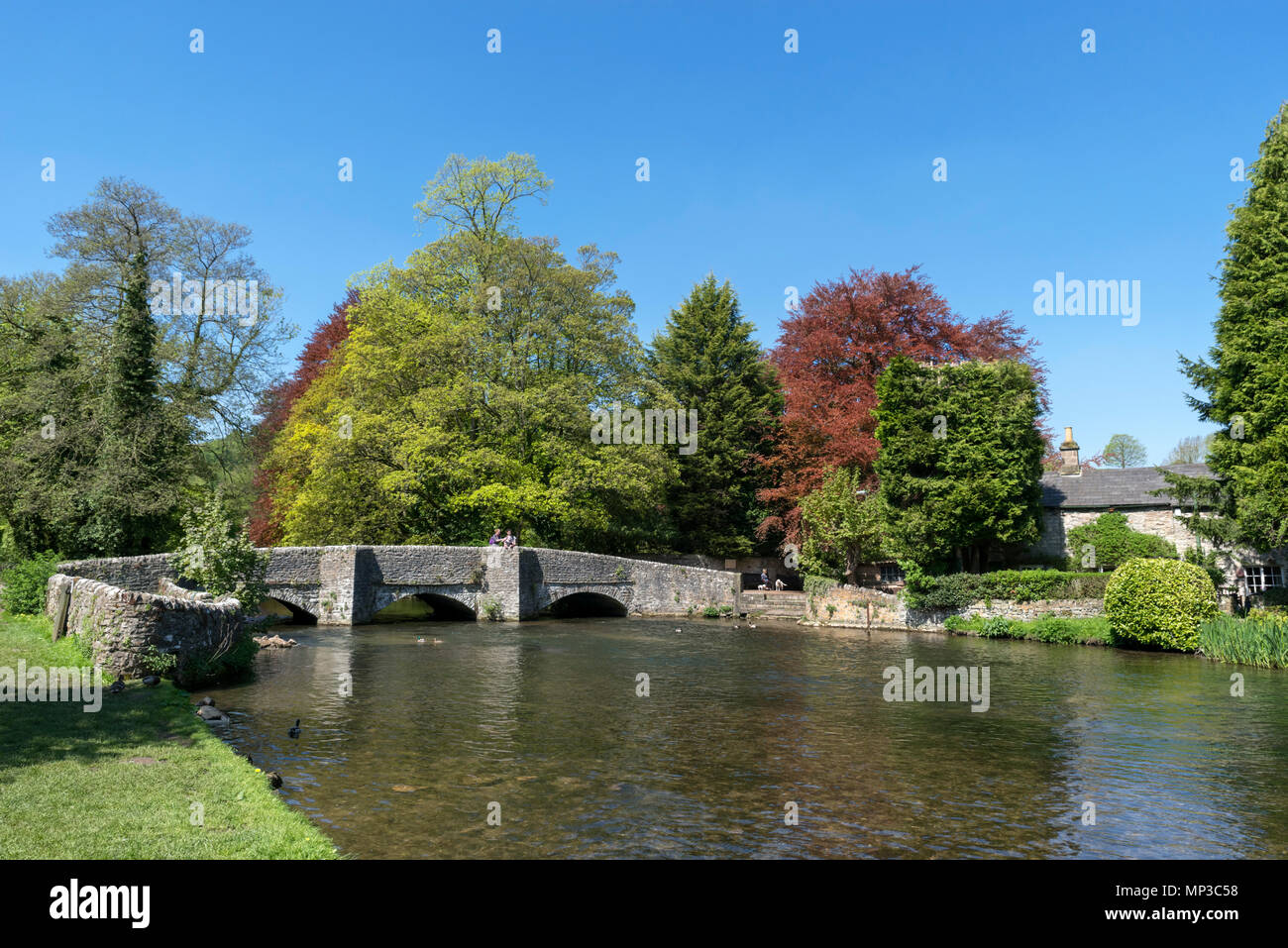 Sheepwash Bridge across the River Wye in Ashford-in-the-Water, Peak District, Derbyshire, England, UK Stock Photo