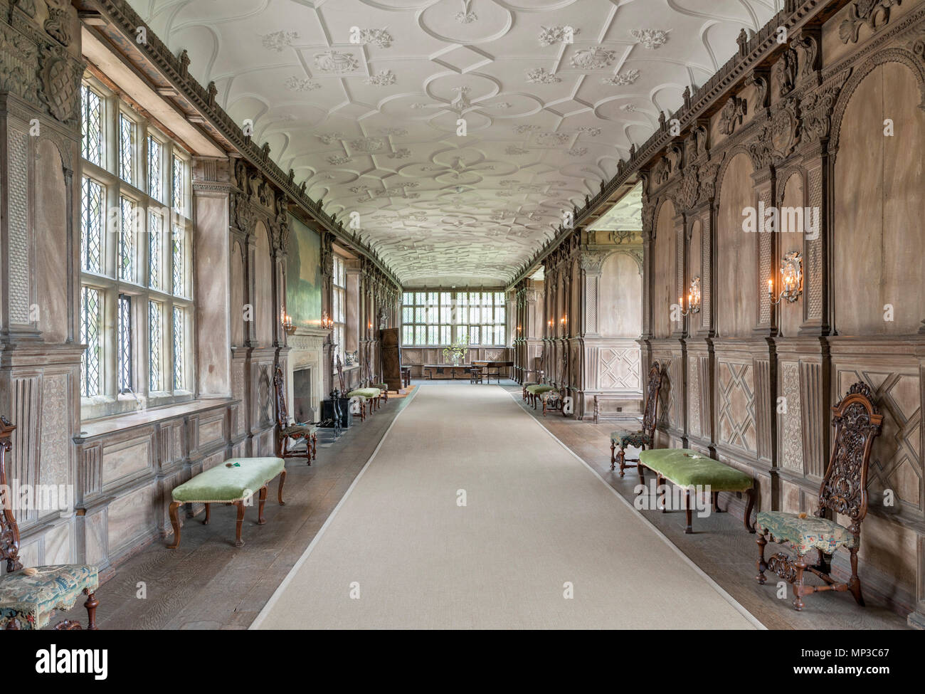 The Long Gallery at Haddon Hall, near Bakewell, Derbyshire, England, UK Stock Photo