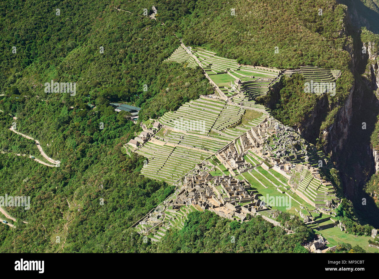 Famous peruvian heritage city Machu Picchu. Aerial panorama of inca town Machu Picchu Stock Photo