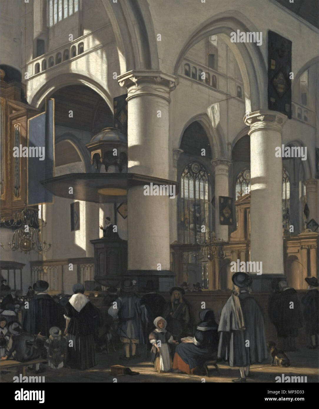 The interior of the Oude Kerk in Delft, from the south aisle to the crossing, towards the north-east, during the preaching of a sermon    . The interior of the Oude Kerk in Delft, from the south aisle to the crossing, towards the north-east, during the preaching of a sermon . 1669.   Emanuel de Witte  (1617–1692)     Alternative names Emanuel de Widt; Manuel de Widt; Emanuel de Wit; Manuel de Wit; Emanuel de With; Manuel de With; Emanuel de Witt; Manuel de Witt; Manuel de Witte  Description Dutch painter and draughtsman  Date of birth/death 1617 1692  Location of birth/death Alkmaar Amsterdam  Stock Photo
