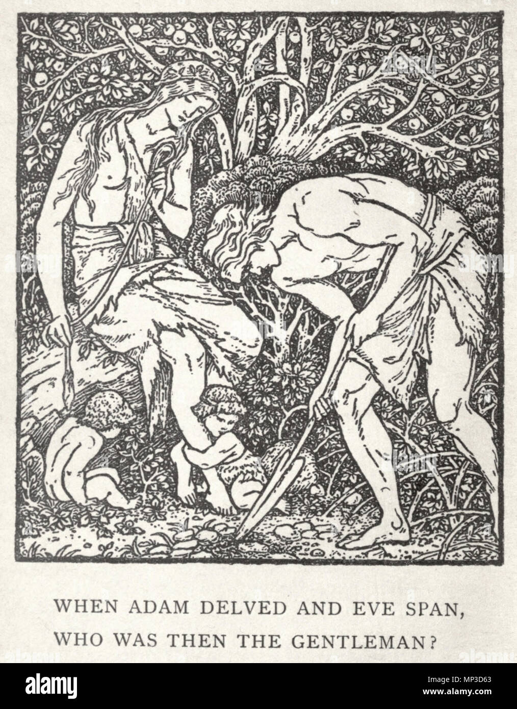 . Artwork by E. Burne-Jones, April 1888, for the first book edition of William Morris' A Dream of John Ball. Illustrates the couplet 'When Adam delved and Eve span / Who was then the gentleman?' which had international popularity in several Germanic languages as an equalitarian slogan during the medieval period. 1888.   Edward Burne-Jones  (1833–1898)      Alternative names Sir Edward Coley Burne-Jones  Description British painter  Date of birth/death 28 August 1833 17 June 1898  Location of birth/death Birmingham (West Midlands) London  Work location London, Venice, Florence  Authority contro Stock Photo