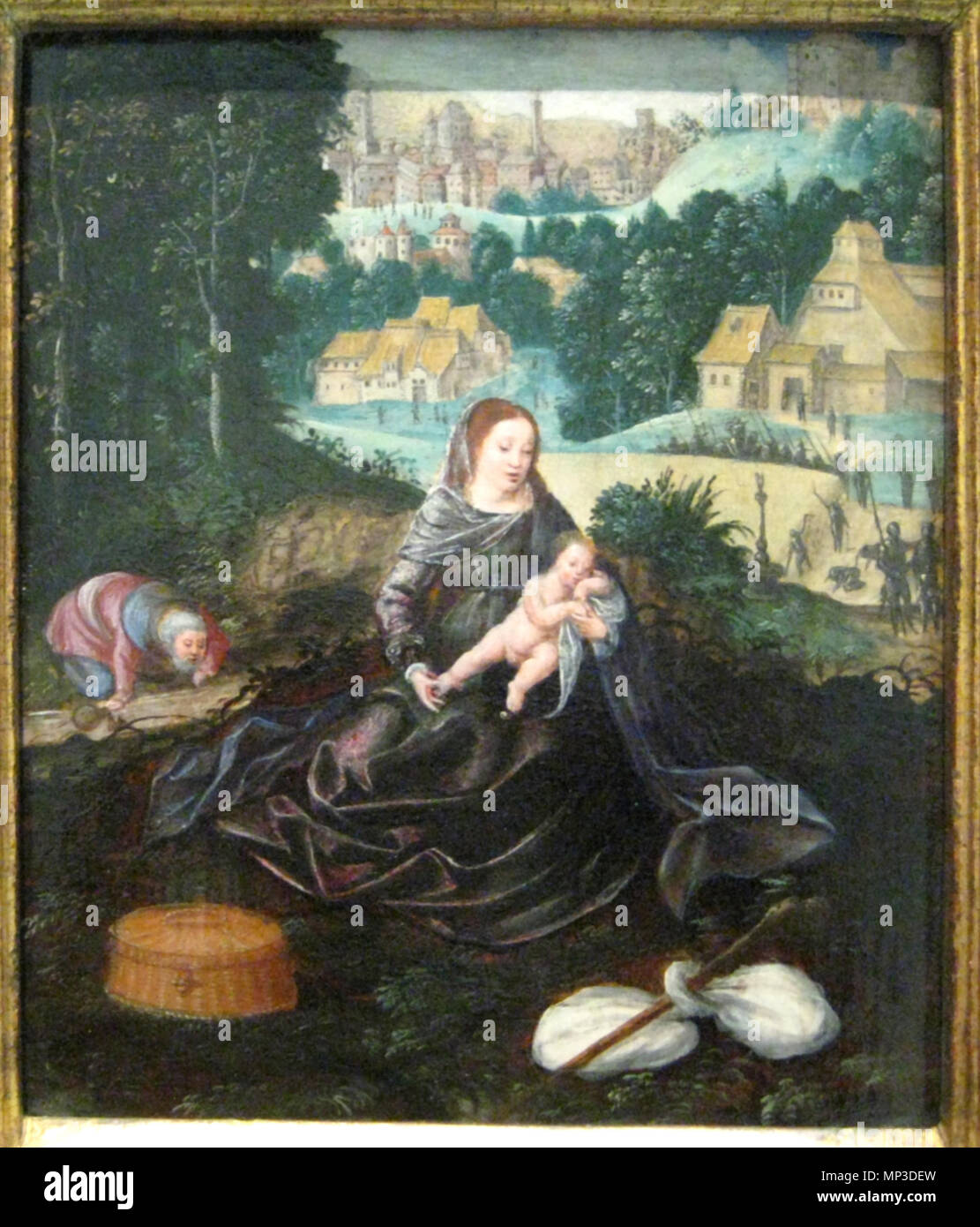 . The Rest on The Flight into Egypt . 16th century.    Circle of Joachim Patinir  (circa 1480–1524)     Alternative names Joachim Patenier, Joachim Patenir, Joachim Patinier  Description Flemish painter and draughtsman  Date of birth/death circa 1480 5 October 1524  Location of birth/death Dinant or Bouvignes-sur-Meuse Antwerp  Work period from 1515 until 1524  Work location Antwerp  Authority control  : Q442491 VIAF: 74123527 ISNI: 0000 0001 0823 3608 ULAN: 500019854 LCCN: n81068576 WGA: PATENIER, Joachim WorldCat 1054 Rest on the Flight into Egypt (circle of Joachim Patinir) Stock Photo