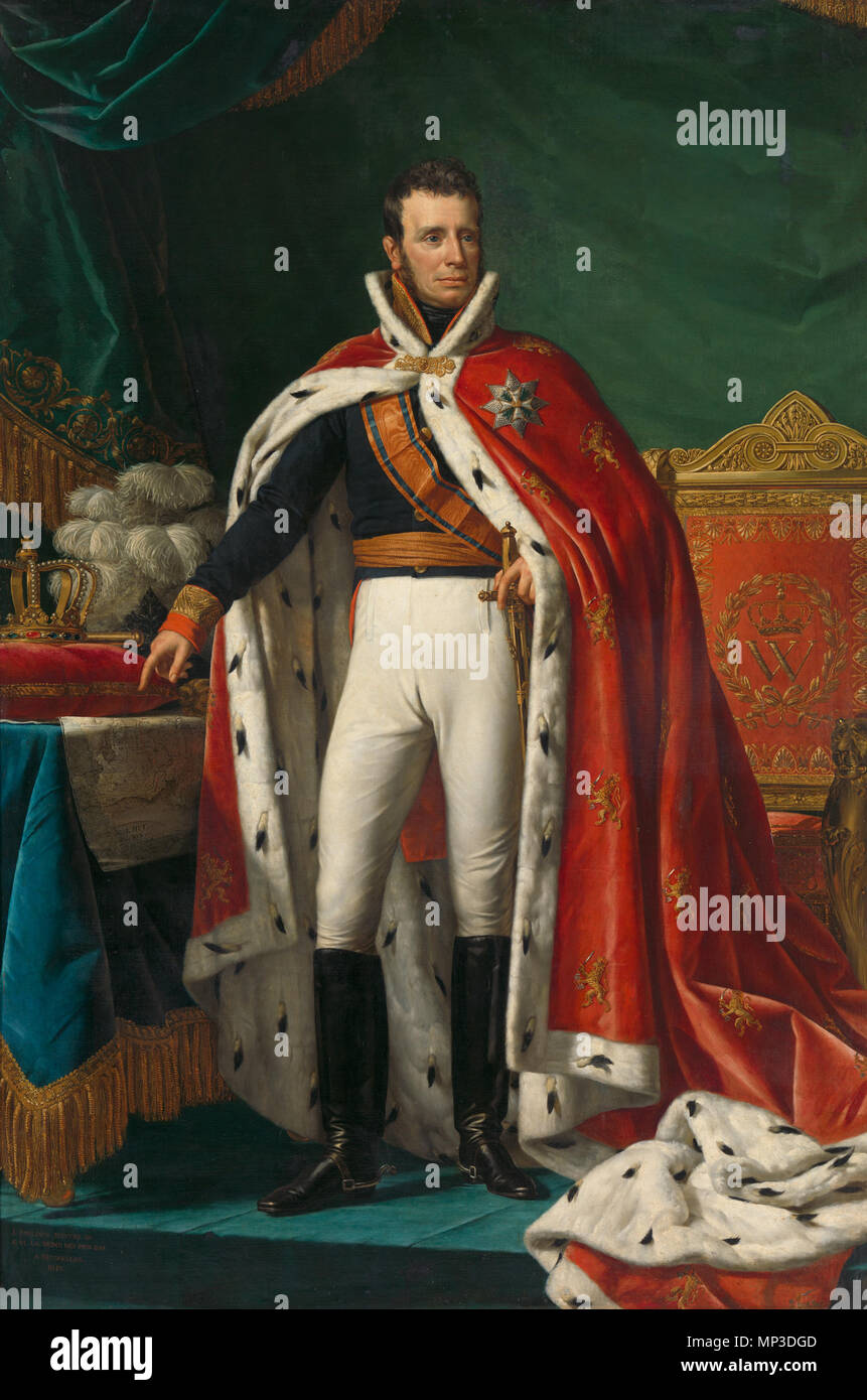 Opnamedatum: 2011-02-07   Portrait of William I, King of the Netherlands . Portrait of William I (1772–1743) as King of the United Kingdom of the Netherlands. Standing, at full-length, in the gala uniform of a general. Over his right shoulder the sash of the Military William Order. Over his uniform wearing a red robe lined with ermine. To the right the royal throne, to the left a table with on it the map of parts of Java (Bantam, Jacatra and Cheribon) in modern-day Indonesia, and also a pillow with crown and sceptre and a hat with ostriche feathers. 1819.   1023 Portret van Willem I, koning de Stock Photo