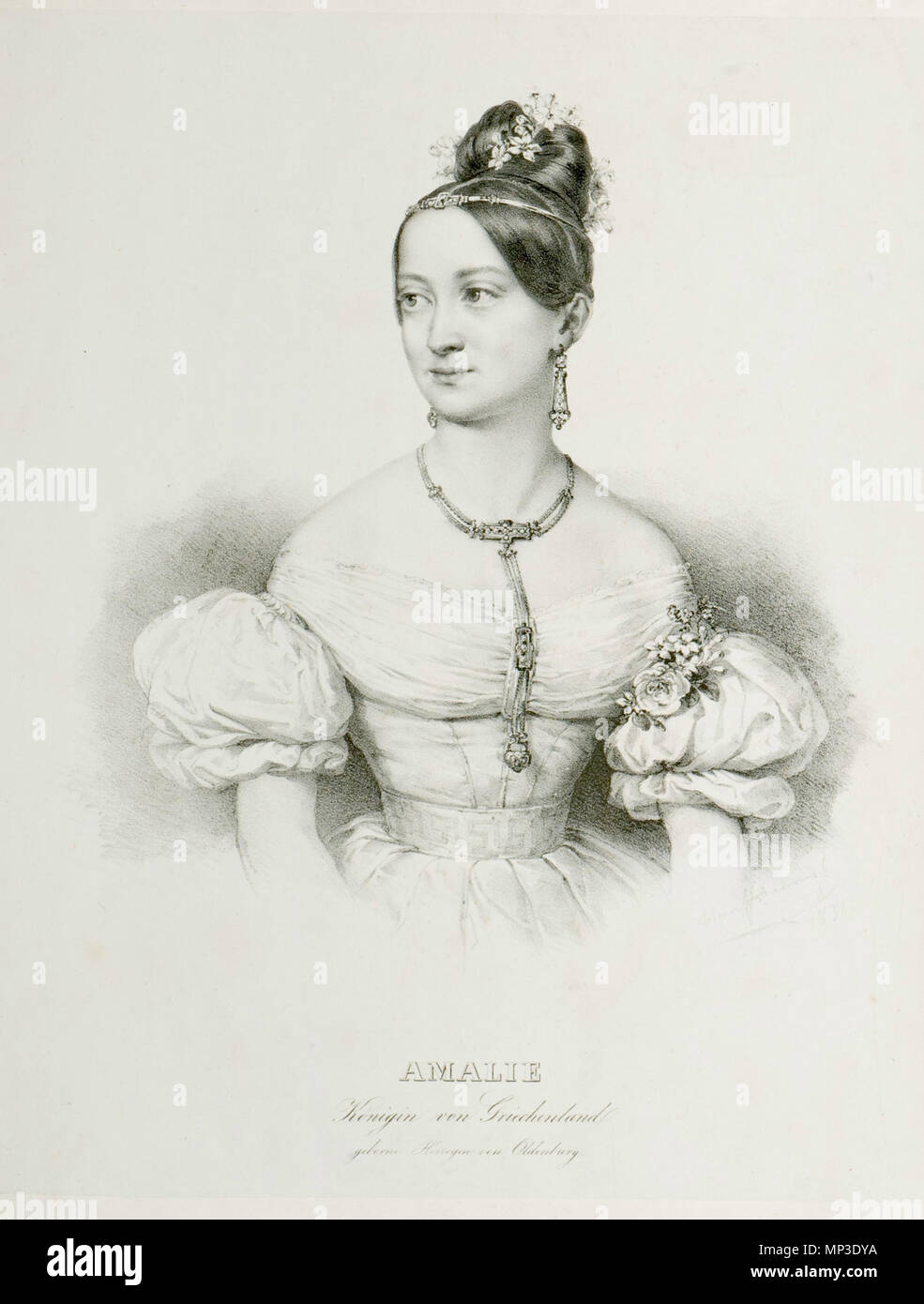 . English: Queen Amalia of Greece in an official print of 1837 . 31 July 2016. Unknown 1035 Queen Amalia of Greece print 1837 Stock Photo