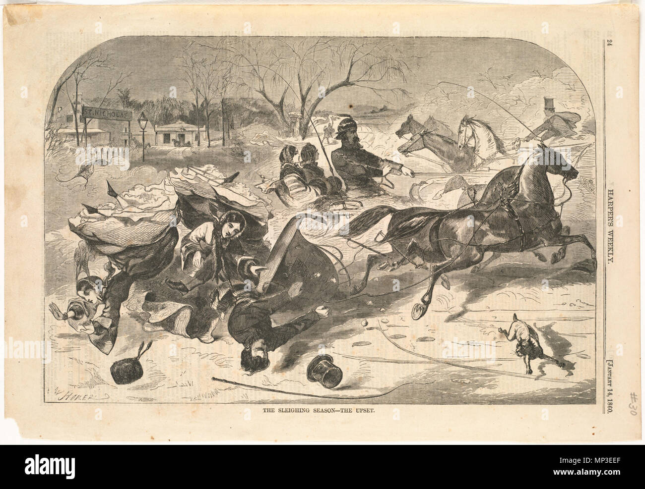 . English:   File name: 10 09 000030 Title: The sleighing season -- The upset Creator/Contributor: Homer, Winslow, 1836-1910 (artist) Date issued: 1860-01-14 Physical description: 1 print : wood engraving Genre: Wood engravings; Periodical illustrations Notes: Published in: Harper's Weekly, Volume IV, 14 January 1860, p. 24.; Signed lower left: W Homer. Collection: Winslow Homer Collection Location: Boston Public Library, Print Department Rights: No known restrictions Flickr data on 2011-08-11: Camera: Sinar AG Sinarback 54 FW, Sinar m Tags: Winslow Homer User: Boston Public Library BPL  . 23  Stock Photo